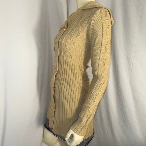 Vintage Derek Heart Camel Cable-Knit Sweater Coat | Longline Button-Up Cardigan - Picture 4 of 13